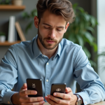 Jeune homme compare deux portefeuilles numériques crypto