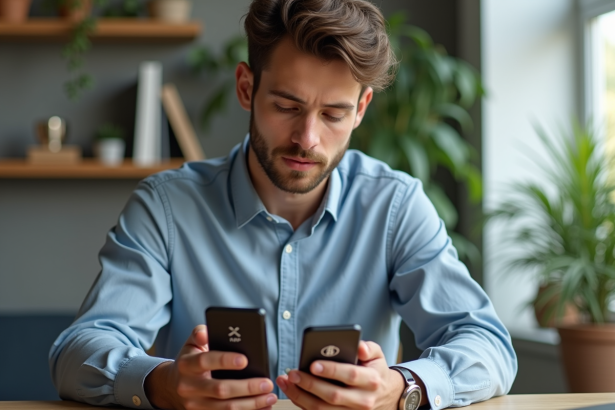 Jeune homme compare deux portefeuilles numériques crypto