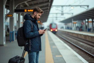 Jeune homme français vérifiant son téléphone à la gare allemande