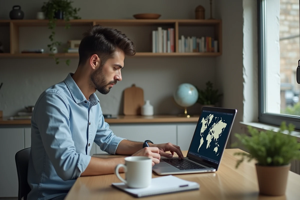 Jeune homme travaillant sur un ordinateur portable à la maison