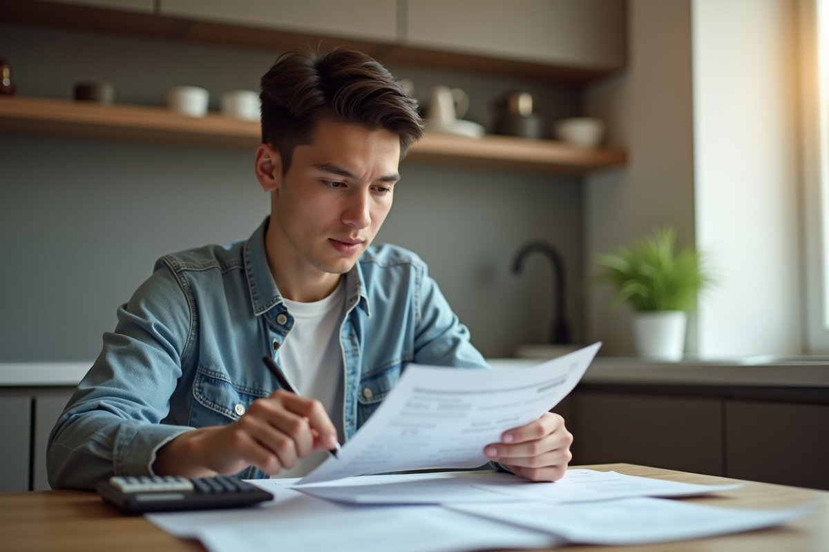 Jeune professionnel utilisant une calculatrice à la maison