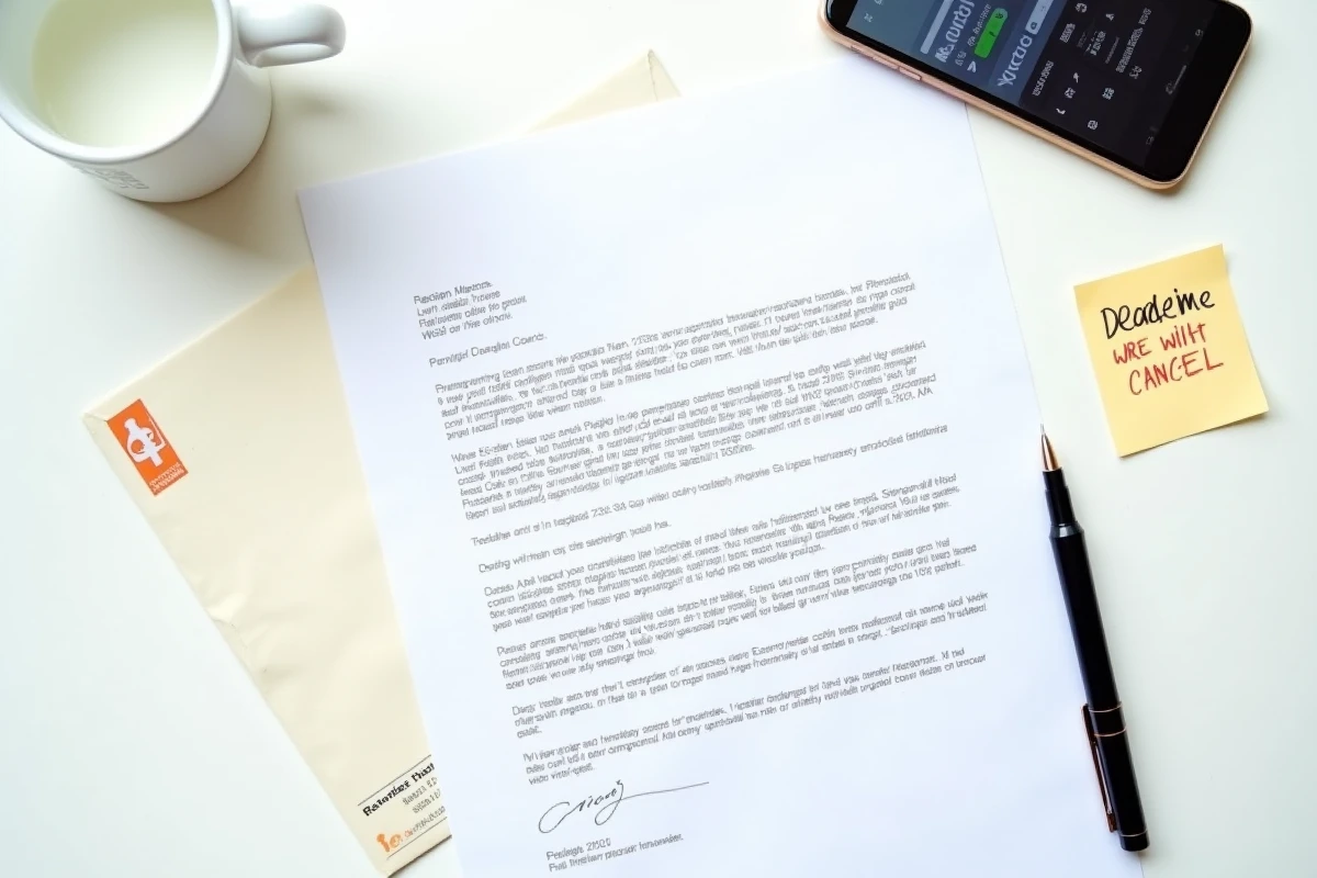 Vue de dessus d'une lettre de résiliation d'assurance ACM IARD prête à être envoyée