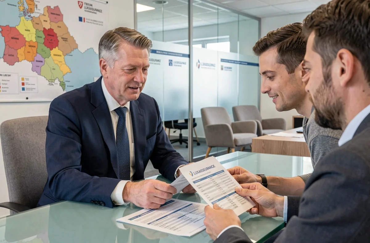 Spécialiste Luxassurance conseillant un travailleur frontalier sur ses options d'assurance à la frontière franco-luxembourgeoise