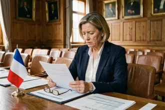 Une maire adjointe consulte des documents officiels sur le salaire des élus dans une salle du conseil municipal français