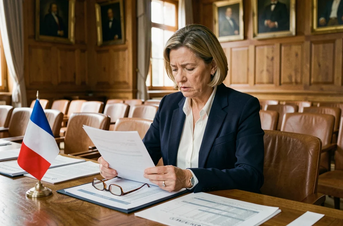 Une maire adjointe consulte des documents officiels sur le salaire des élus dans une salle du conseil municipal français