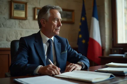 Maire homme en costume bleu assis à son bureau