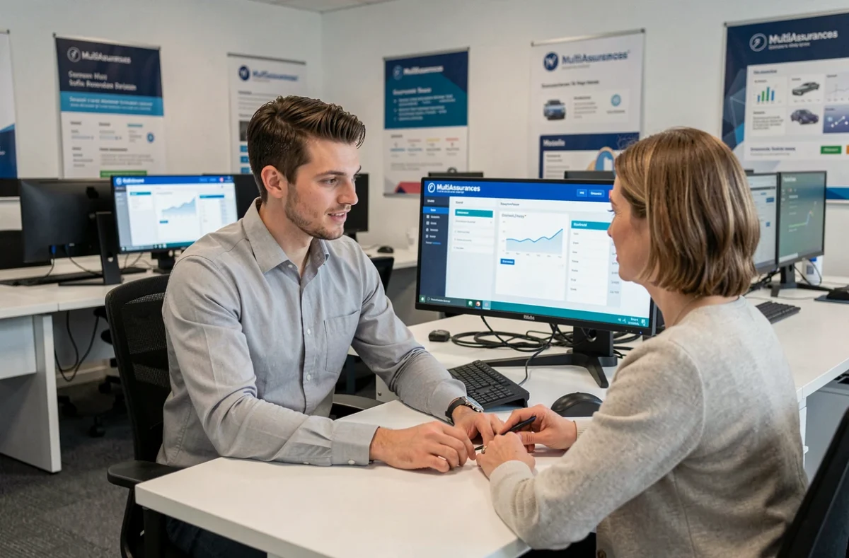 Conseiller MultiAssurances démontrant un comparateur d'assurance en ligne à une cliente dans un bureau moderne en Moselle