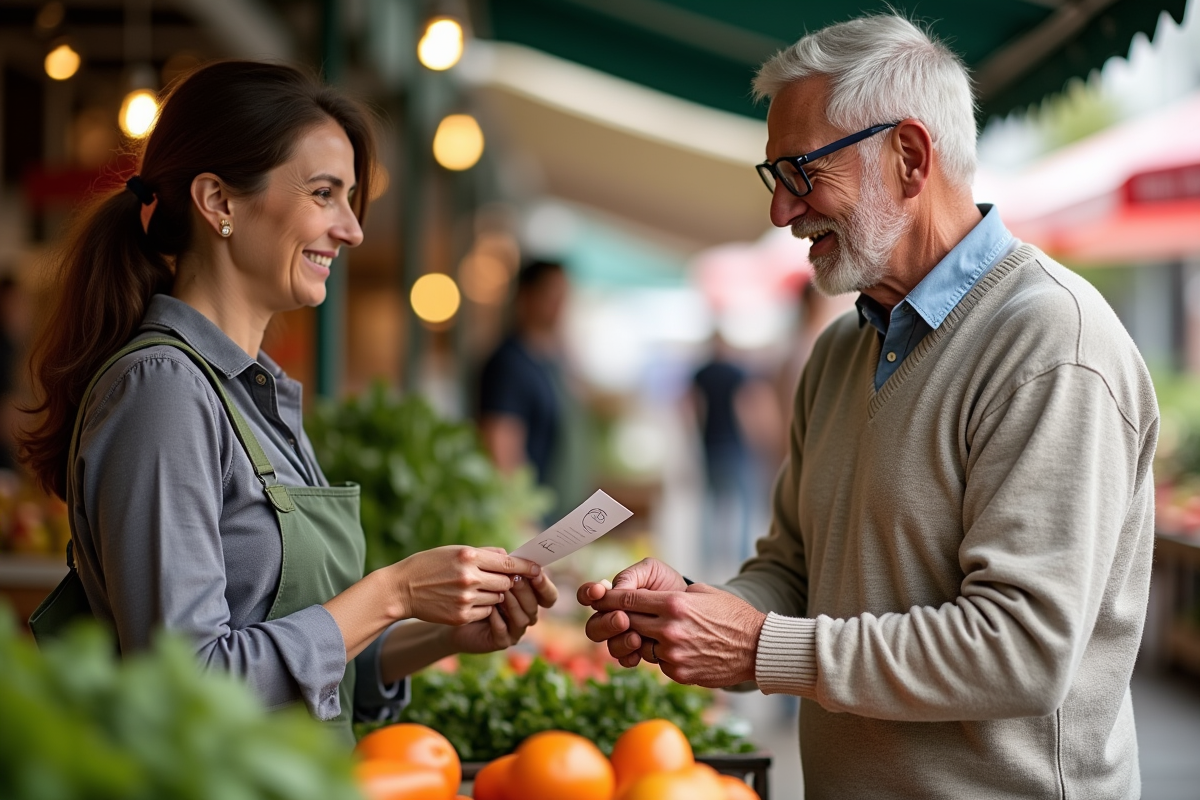 Homme négociant avec une vendeuse au marché en plein air