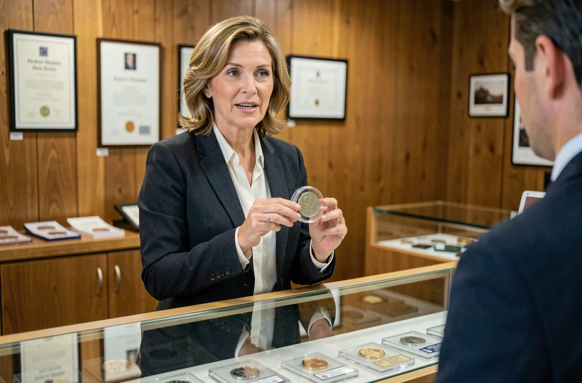 Numismate professionnelle en boutique spécialisée estimant la valeur d'une pièce de 50 centimes rare pour un client