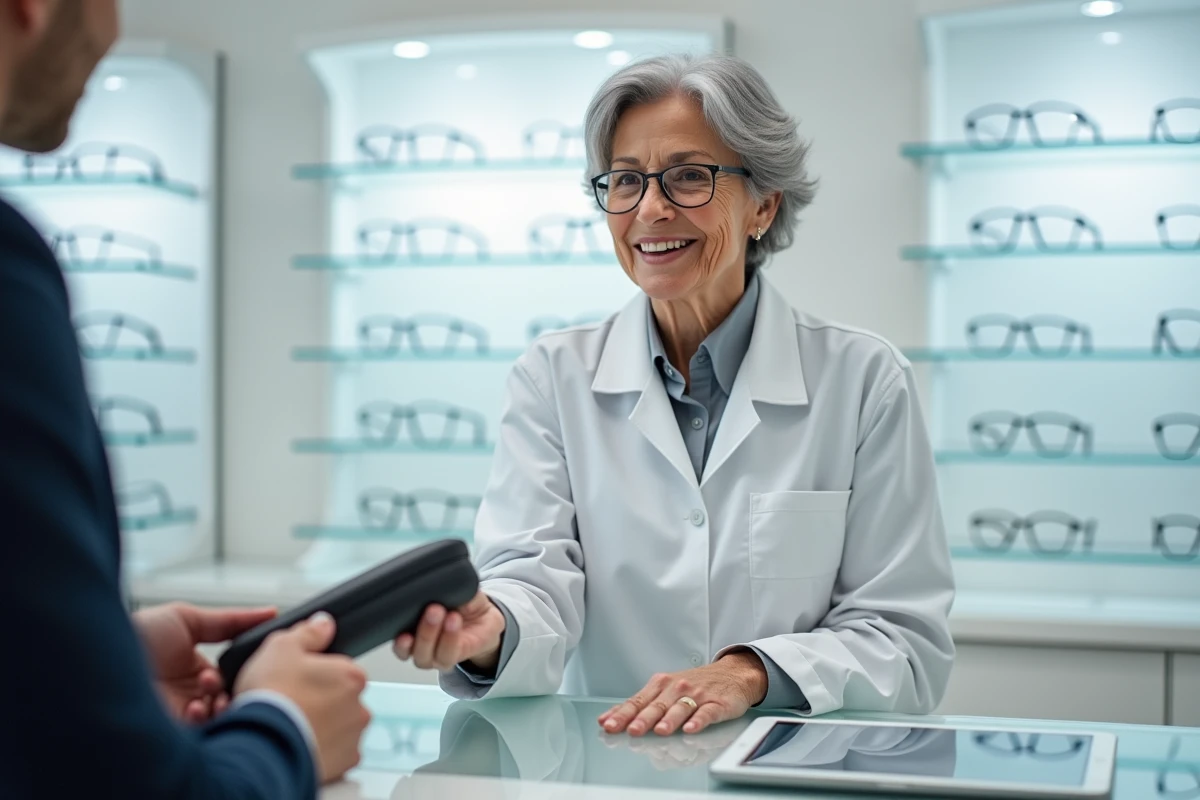 Opticienne remettant un étui à lunettes à un client lors d'un renouvellement pris en charge par l'assurance