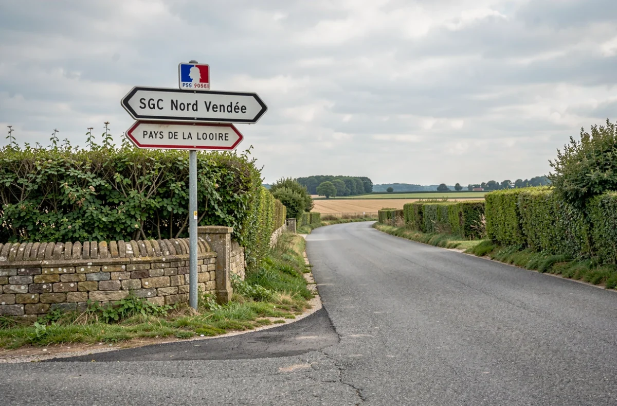 Panneau de signalisation routière indiquant la direction du SGC Nord Vendée en campagne vendéenne