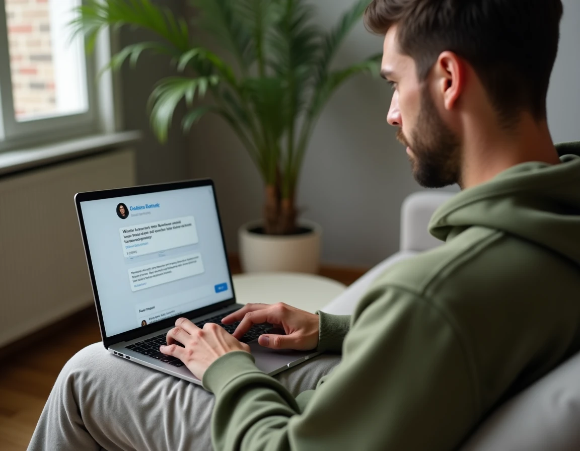 Personne en sweat vert olive utilisant le chat en ligne du service client Lydia sur ordinateur portable pour débloquer un compte bloqué, assise dans un salon