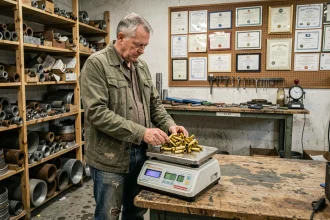 Ferrailleur pesant des pièces en laiton sur une balance industrielle dans un bureau de casse métallurgique