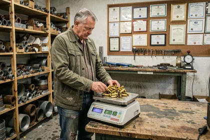 Ferrailleur pesant des pièces en laiton sur une balance industrielle dans un bureau de casse métallurgique