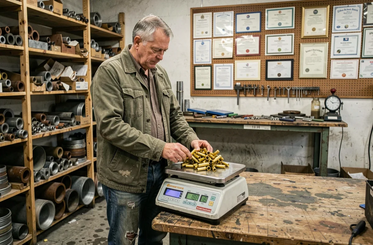 Ferrailleur pesant des pièces en laiton sur une balance industrielle dans un bureau de casse métallurgique