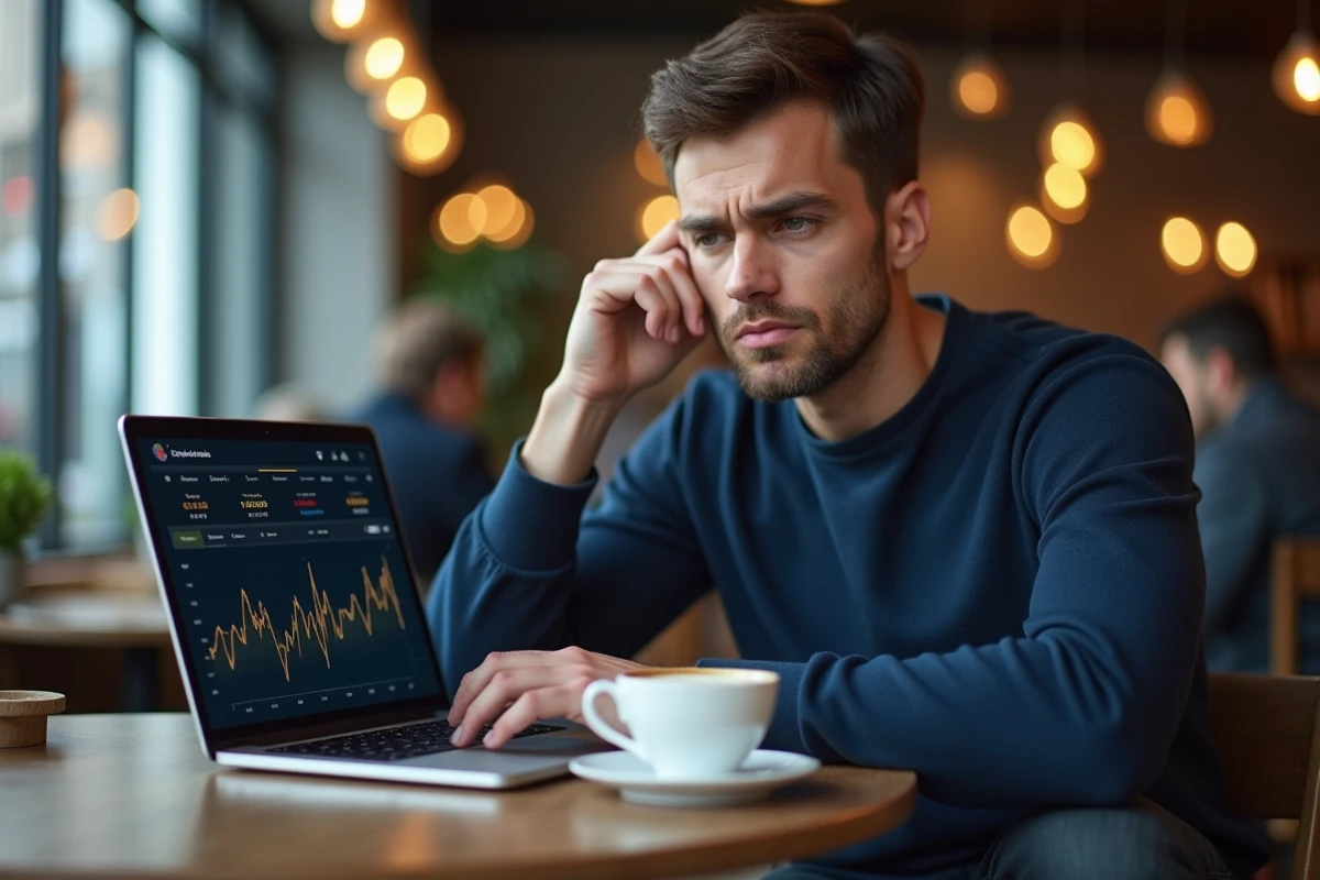 Homme utilisant un ordinateur portable dans un café pour naviguer sur une plateforme financière, symbolisant les erreurs courantes à éviter lors d'un premier investissement