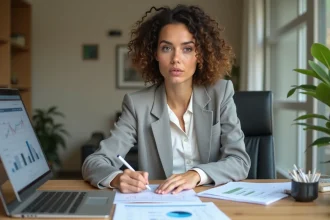 Femme concentrée consultant des documents financiers sur un bureau en bois, illustrant une première expérience avec une plateforme de finance en ligne