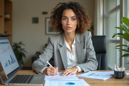 Femme concentrée consultant des documents financiers sur un bureau en bois, illustrant une première expérience avec une plateforme de finance en ligne