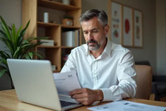 Homme préparant un virement bancaire important sur son ordinateur portable avec des documents imprimés