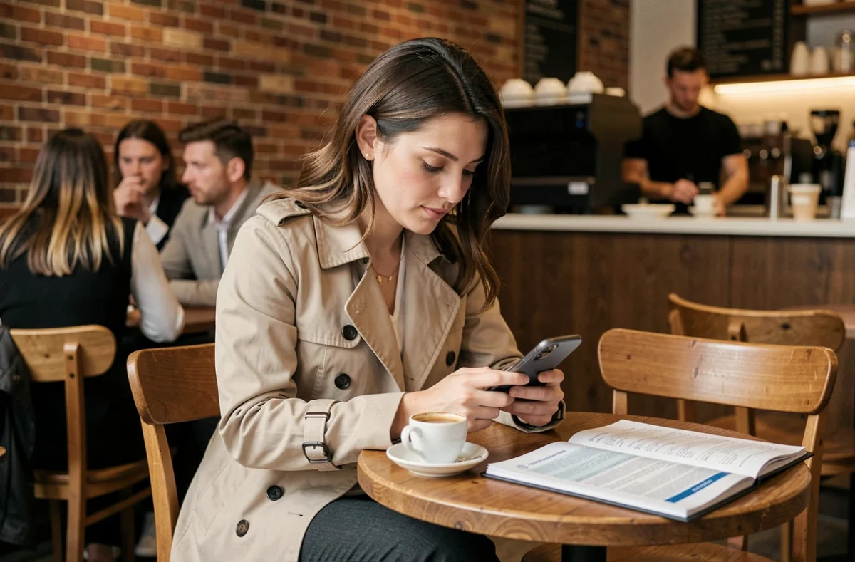 Professionnelle de l'assurance gérant ses dossiers sur smartphone dans un café, mobilité et courtage avec Inaxa