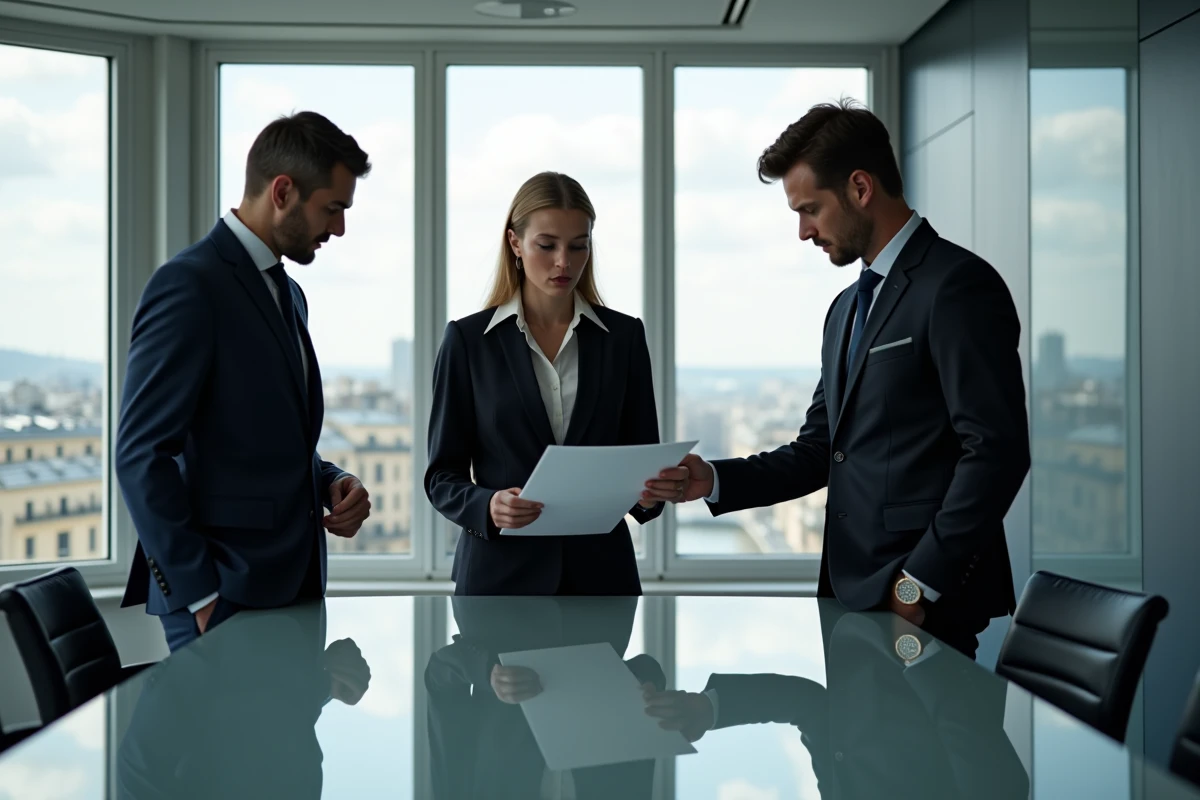 Groupe de professionnels en réunion dans un bureau moderne à Paris