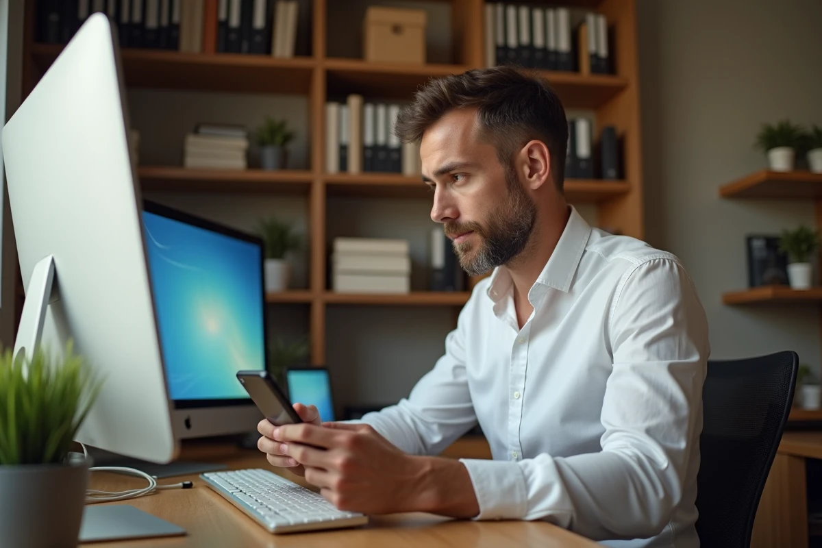 Homme consultant son smartphone pour récupérer l'accès à son compte Cyberplus Rives de Paris depuis son bureau à domicile