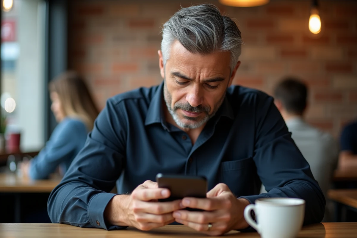 Homme utilisant son smartphone pour récupérer l'accès à son espace client bancaire Société Générale dans un café