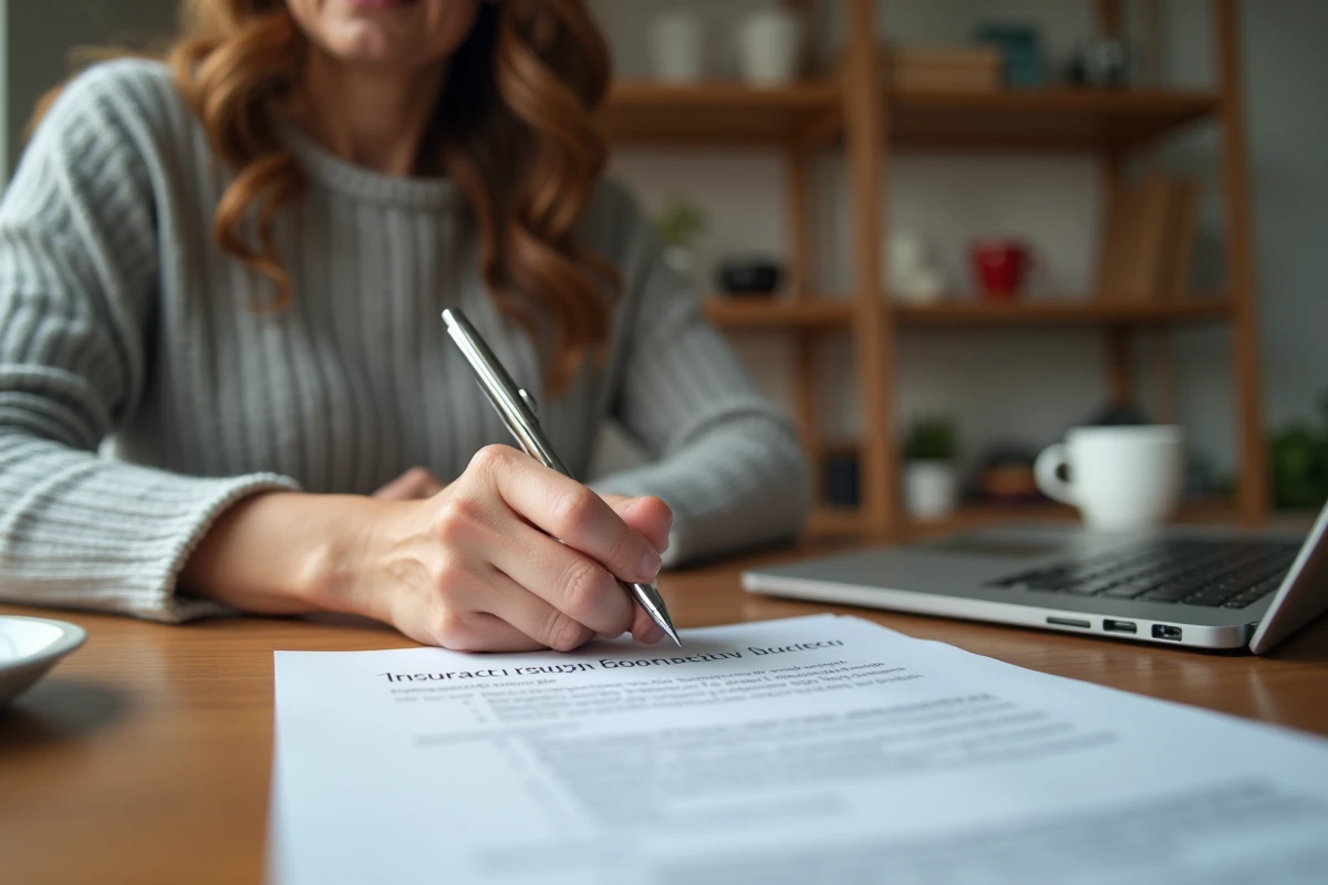 Femme rédigeant une lettre de résiliation d'assurance ACM IARD à son bureau à domicile
