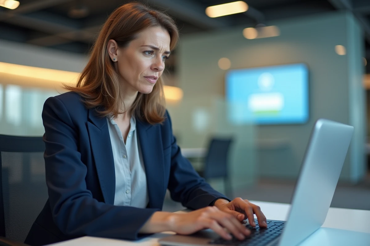 Femme professionnelle réinitialisant son mot de passe sur l'espace client Cyberplus Banque Populaire depuis un bureau bancaire