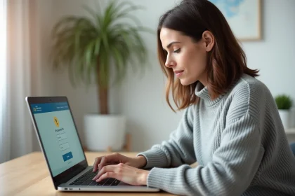 Femme réinitialisant son mot de passe sur l'espace client Société Générale depuis un ordinateur portable à domicile