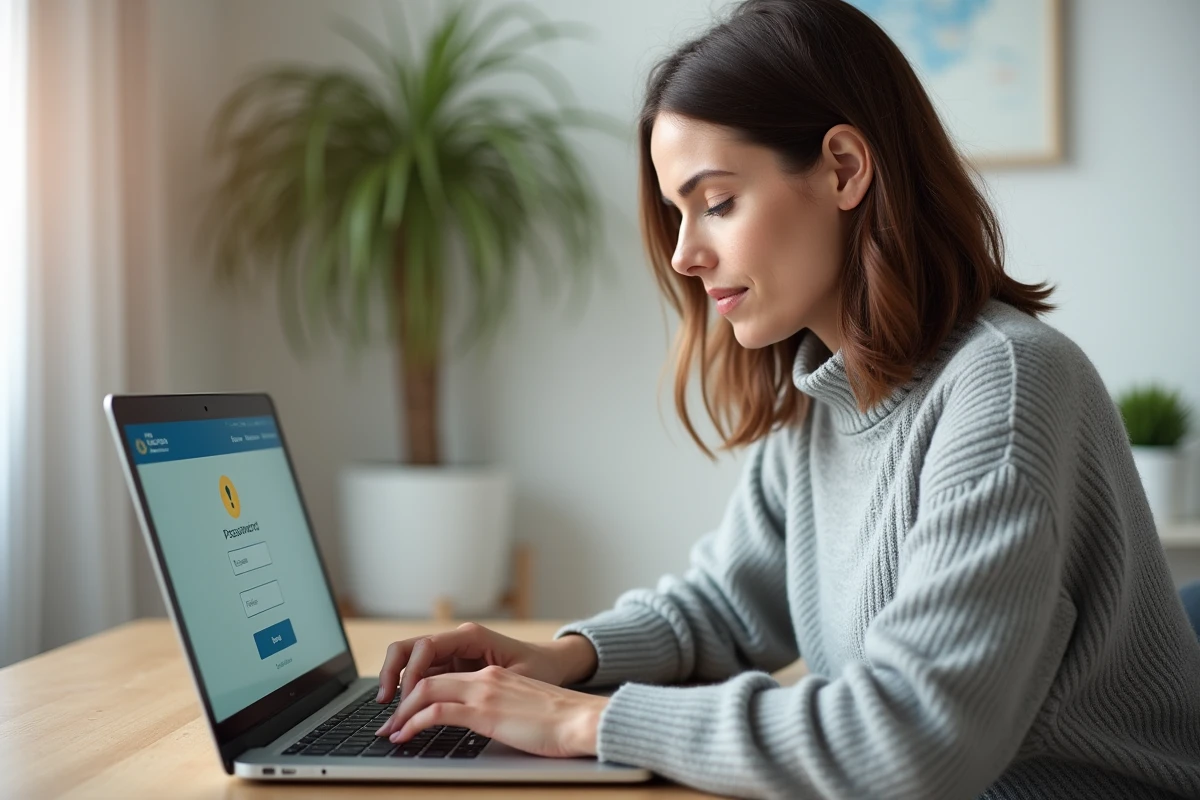 Femme réinitialisant son mot de passe sur l'espace client Société Générale depuis un ordinateur portable à domicile