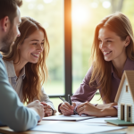 Jeune couple rencontrant un conseiller immobilier dans un bureau lumineux