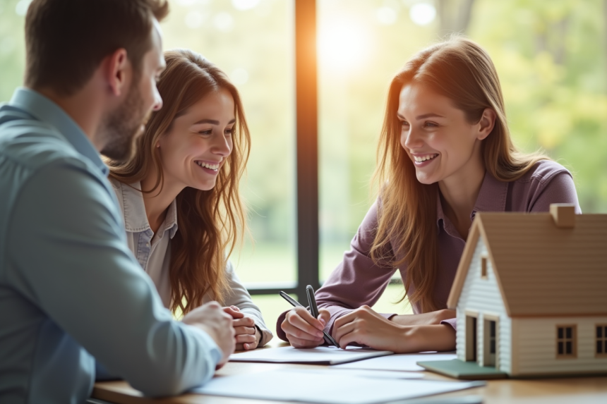 Jeune couple rencontrant un conseiller immobilier dans un bureau lumineux