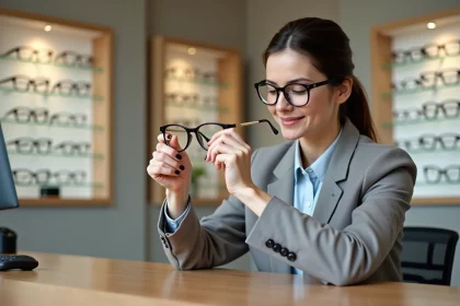 Femme examinant une nouvelle paire de lunettes chez un opticien lors d'un renouvellement couvert par son assurance