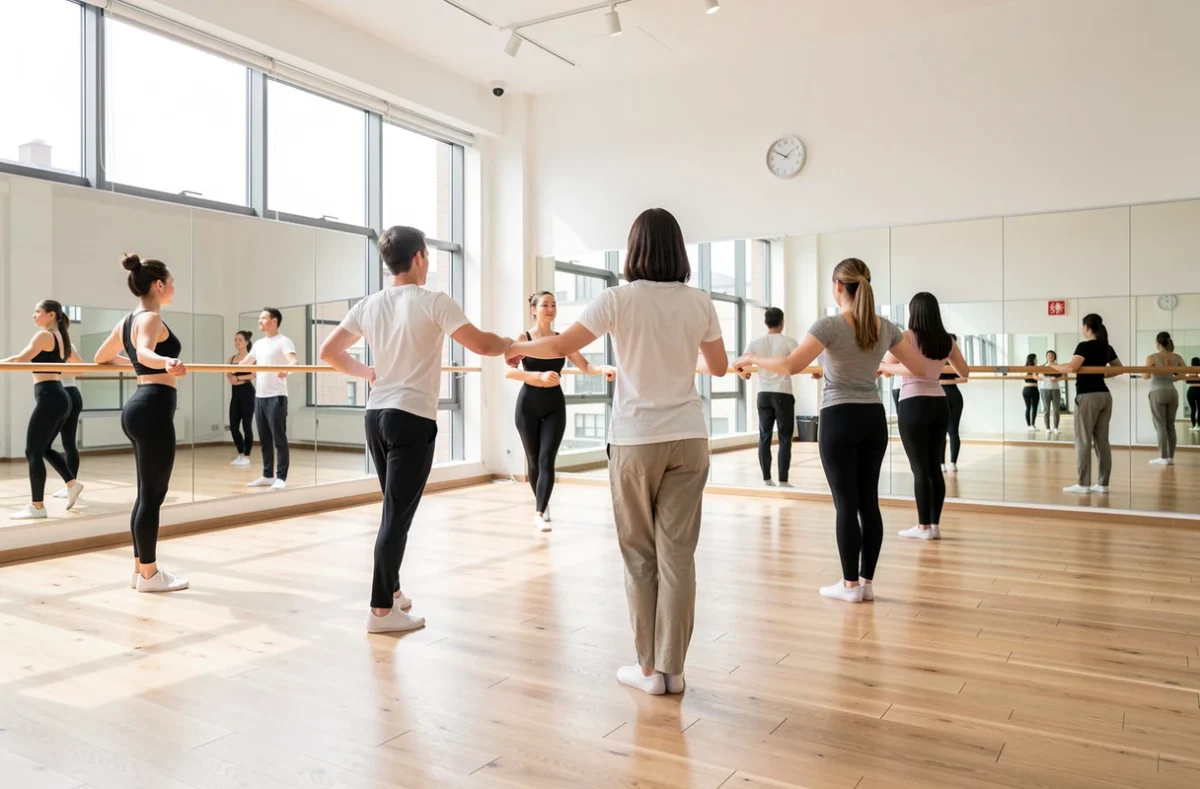Répétition de danseurs dans un studio avec miroirs