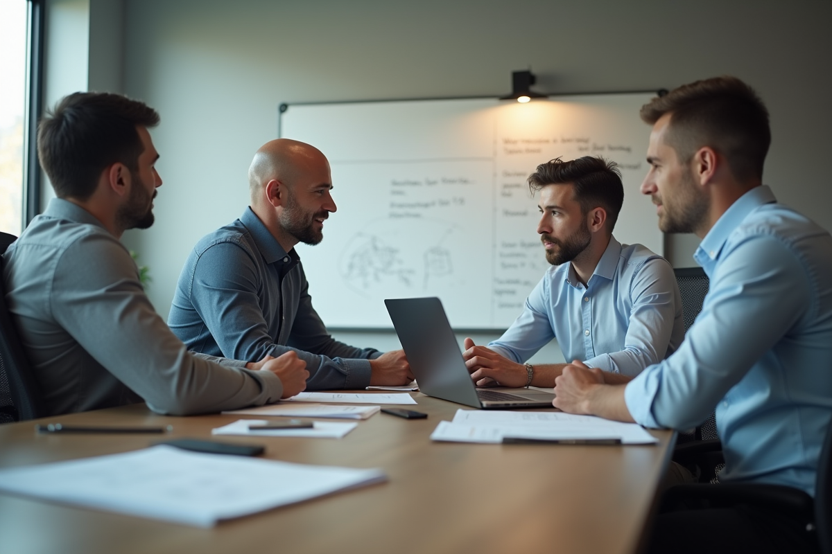 Hommes en réunion de travail dans une salle lumineuse