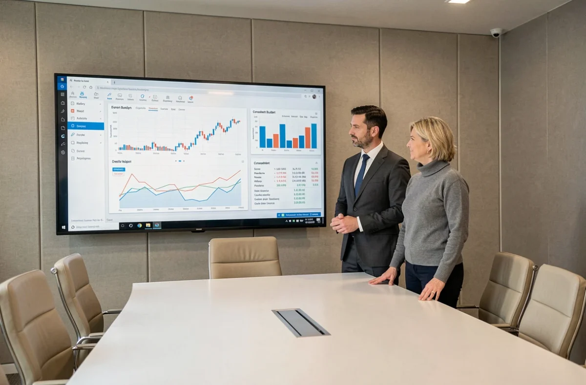 Deux cadres financiers en réunion autour d'un écran interactif affichant des tableaux de bord financiers consolidés