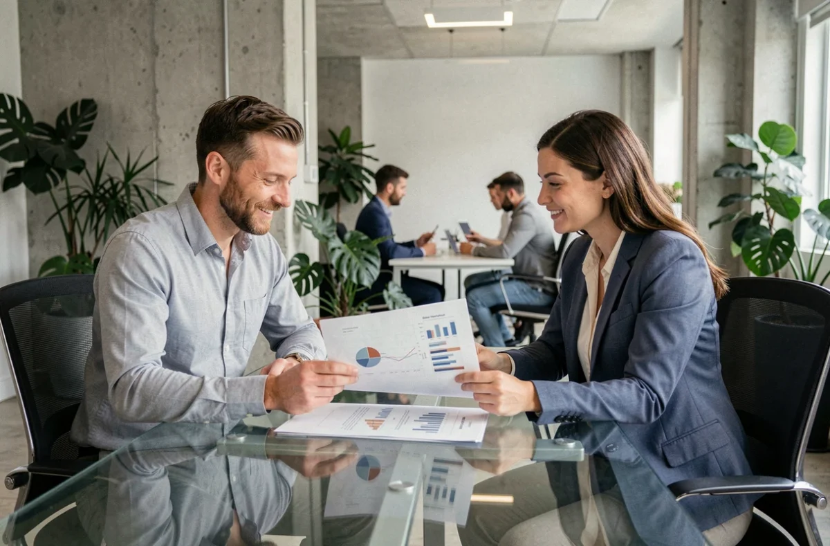 Deux collègues en réunion examinant un rapport de portefeuille d'investissement passif dans un espace de coworking moderne