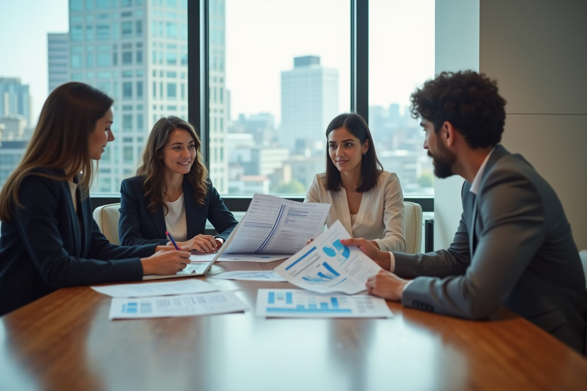 Groupe de jeunes professionnels en réunion dans un bureau lumineux