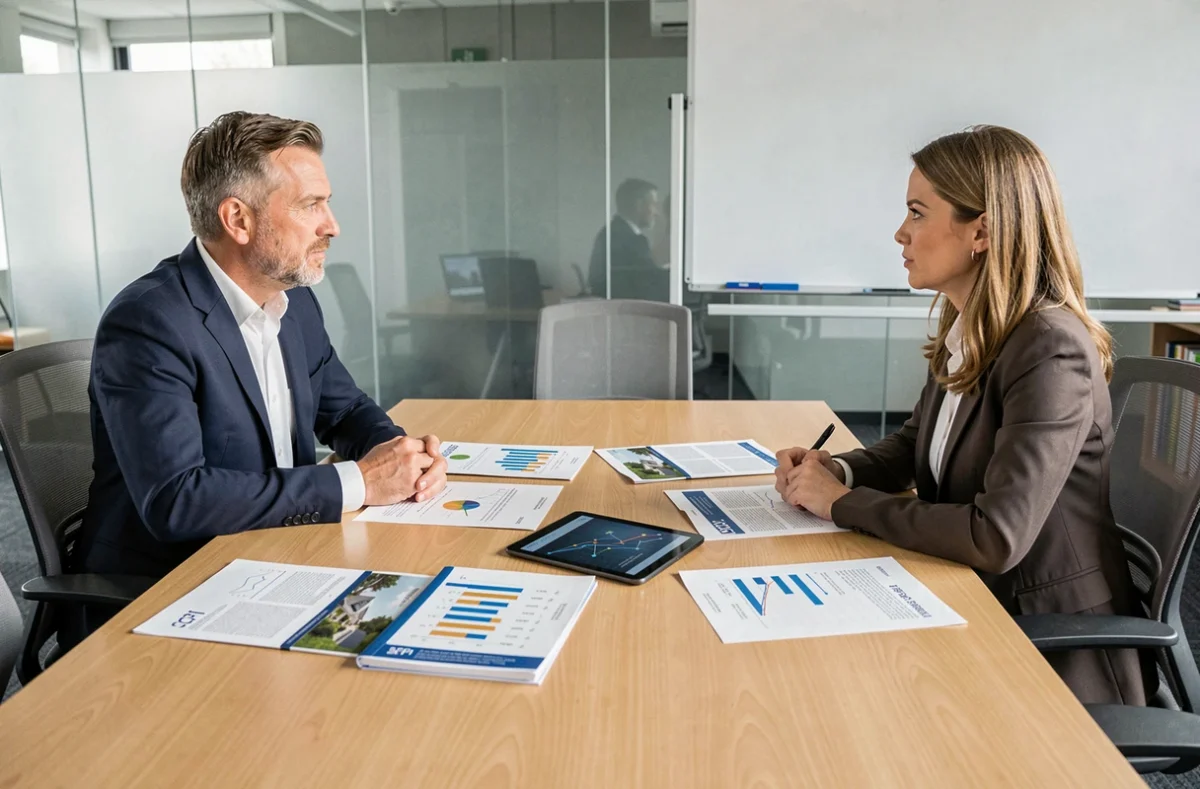 Deux professionnels discutant du prix d'exécution d'une SCPI autour d'une table de réunion avec des documents immobiliers