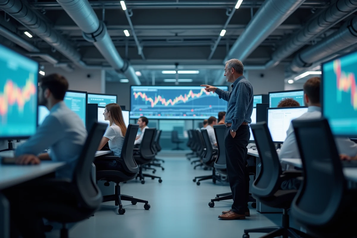 Salle de trading professionnelle avec analystes et écran affichant la performance de l'action Airbus, stratégies d'achat progressif en 2026