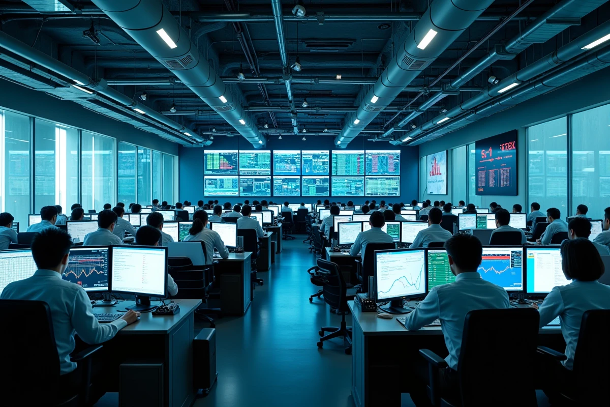 Salle de trading animée avec analystes surveillant les indices économiques mondiaux en temps réel pour les grandes puissances de 2026
