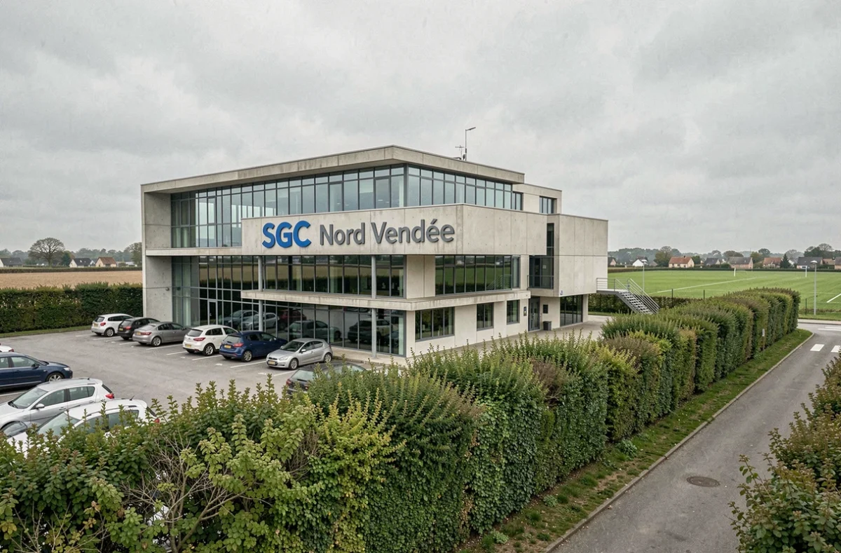 Façade extérieure du SGC Nord Vendée avec panneau d'entrée visible et parking
