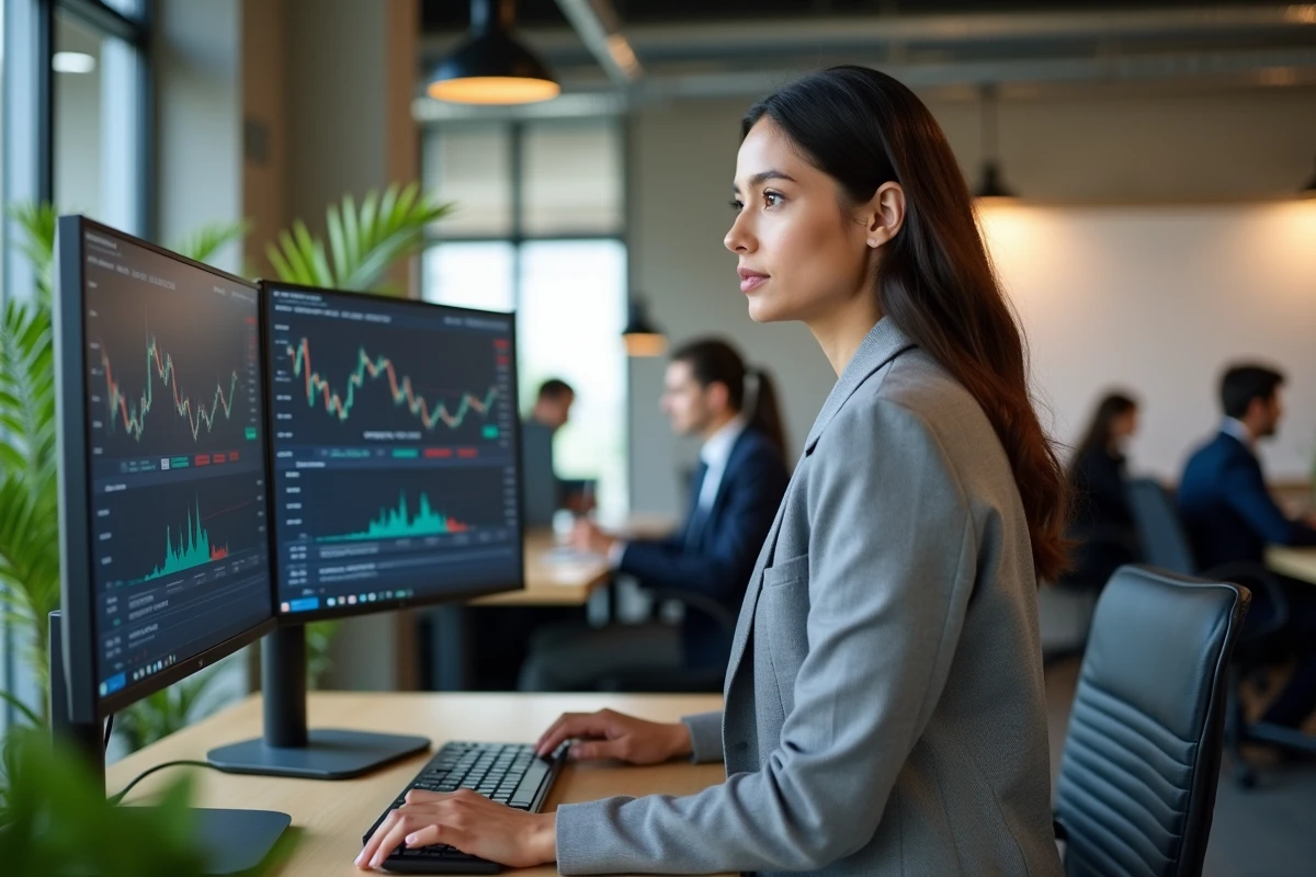Femme consultant un simulateur de calcul d'actions gratuites sur écrans dans un espace de coworking