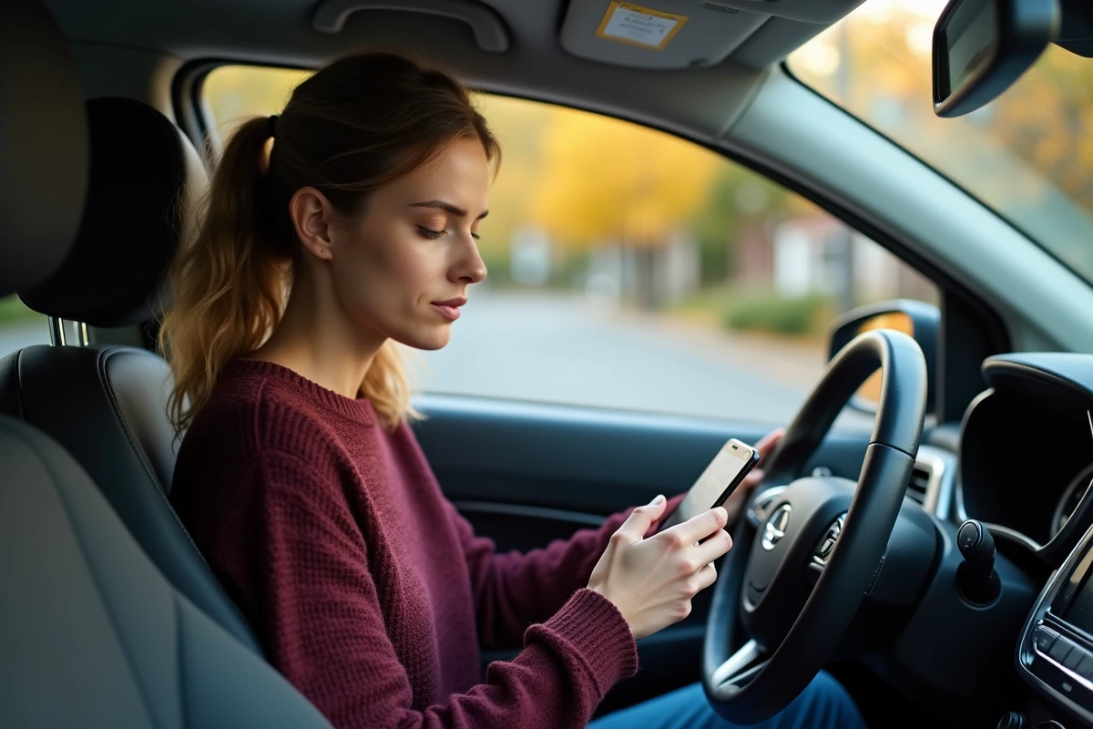Femme souscrivant une assurance auto depuis son smartphone dans sa voiture en milieu urbain