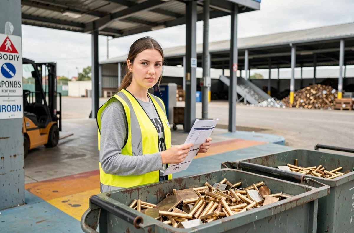 Employée de centre de recyclage consultant un tarif de rachat du laiton au kilo devant un bac de collecte