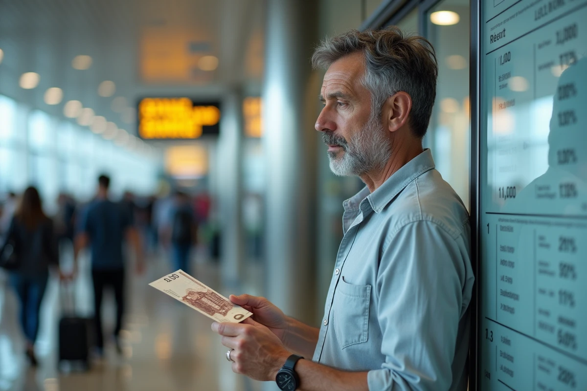 Homme examinant un tableau de taux de change dirham euro dans un bureau de change d'aéroport