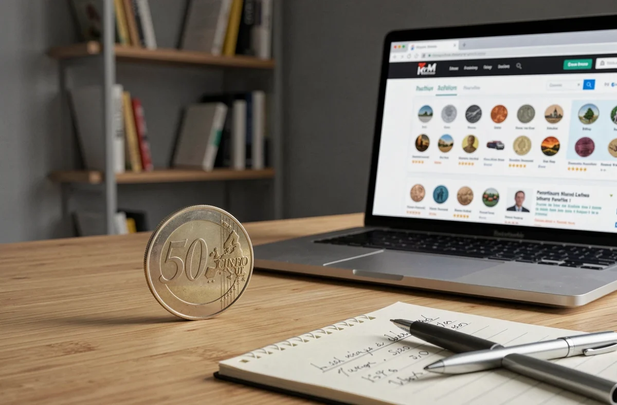 Pièce de 50 centimes rare posée à côté d'un ordinateur affichant un site de vente aux enchères numismatiques