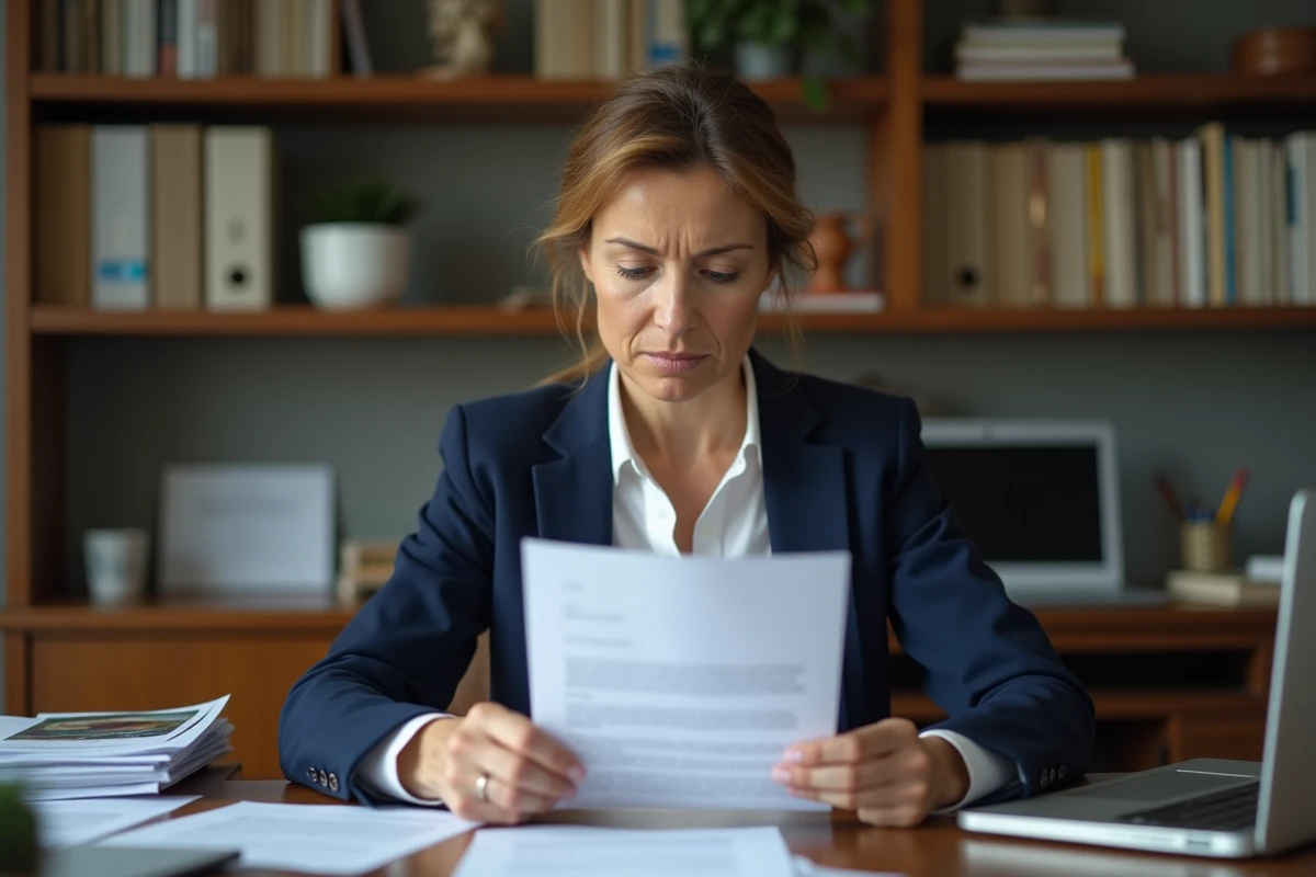 Femme vérifiant un courrier de credit bureau associates pour détecter une arnaque à son bureau à domicile