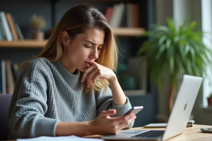 Femme consultant son application bancaire sur smartphone un samedi pour effectuer un virement urgent